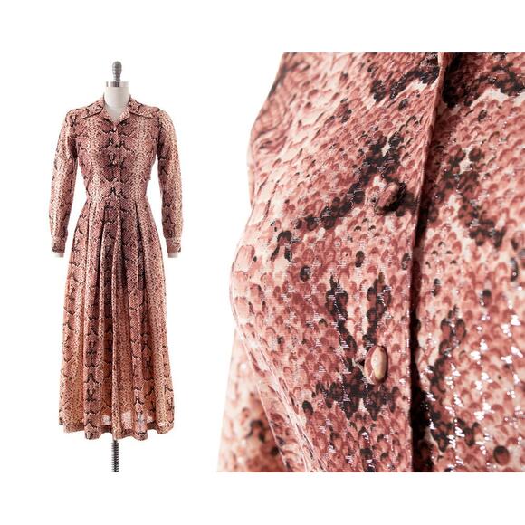 Vintage 1970s Maxi Dress 70s Snakeskin Metallic Dusty Rose Fit and Flare Boho
